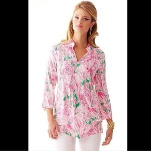 Lilly Pulitzer Woman’s Top Tunic Flamingo Sarasota Pintuck Sz XS 3/4 Sleeve Pink